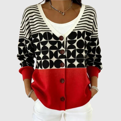 Muirne - Geometric Colour-Block Button-Front Cardigan