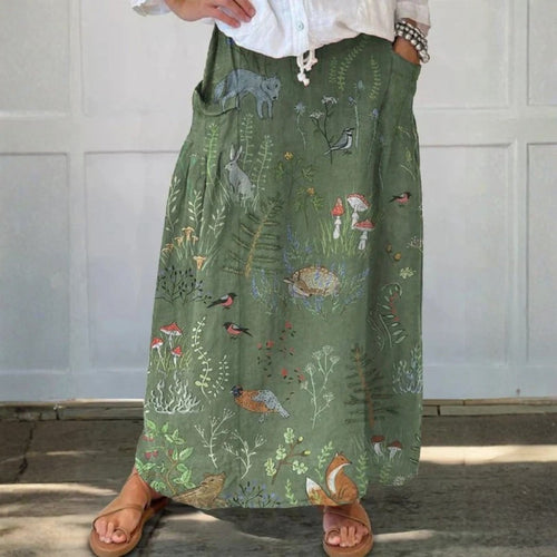 Aoibhín - Woodland And Animals Pattern Printed Linen Pocket Skirt
