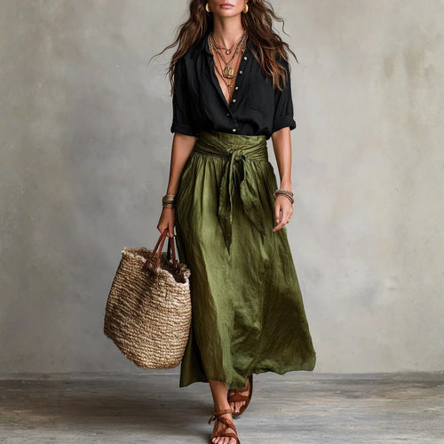 Sorcha - Two-Piece Set: Black T-Shirt and Olive Green Midi Skirt