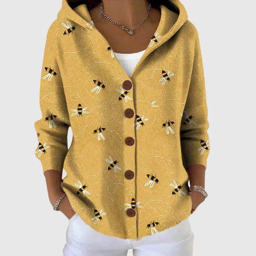 Clodagh - Mustard Bee Print Hooded Cardigan