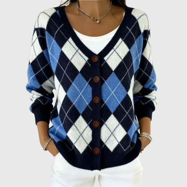 Ríona - Navy Argyle Button-Front Cardigan