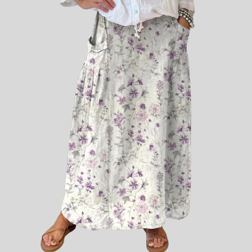 Síomha - Vintage Floral Art Linen Elastic waistband Pocket Skirt