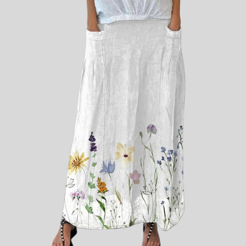 Síomha - Watercolour Spring Meadows Art Printed Linen Elastic waistband Pocket Skirt