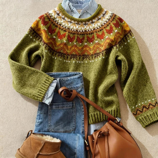 Oonagh - Green Vintage Jumper with Fair Isle Yoke