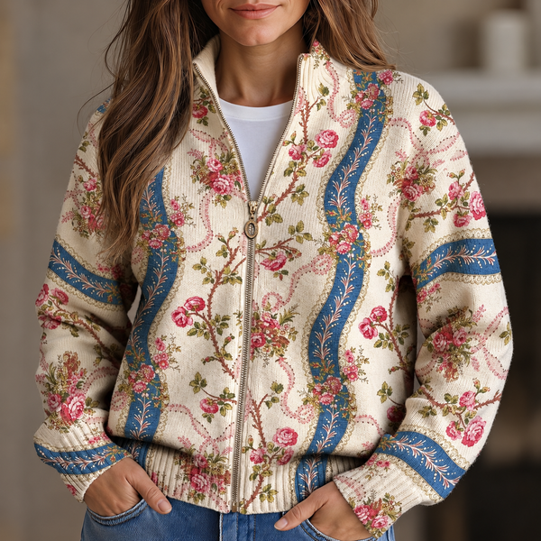 Bláthnaid - Climbing Rose Ribbon Zip-Up Cardigan