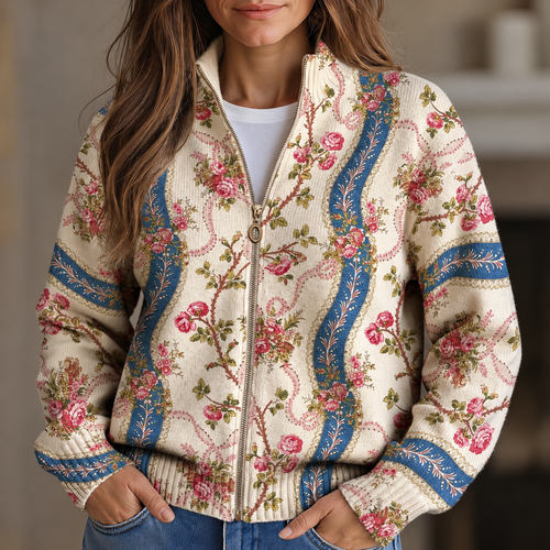 Bláthnaid - Climbing Rose Ribbon Zip-Up Cardigan