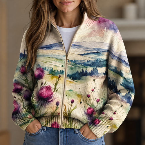 Sinéad - Watercolour Thistle Zip-Up Cardigan