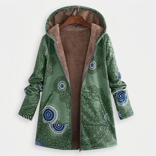 Muirne - Green Boho Print Fleece-Lined Coat
