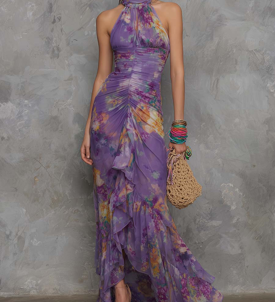Síomha - Elegant Purple Floral Halter Maxi Dress