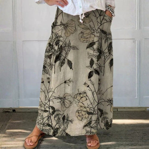 Dearbhla - Retro Floral Art Linen Elastic waistband Pocket Skirt