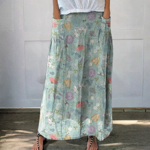 Erin - Blooming Spring Floral And Bumble Bee Pattern Printed Linen Pocket Skirt