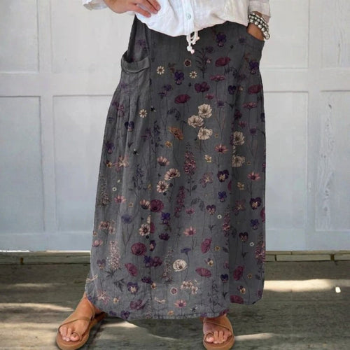 Ríona - Flower Art Print Linen Pocket Skirt