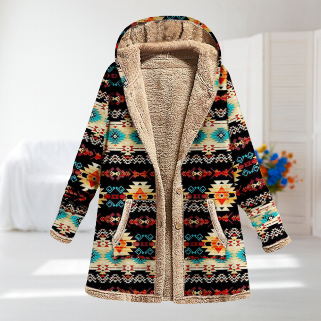 Shauna - Multicoloured Aztec Print Fleece-Lined Coat