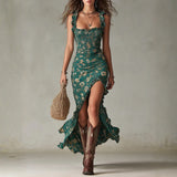 Líadan - Retro Boho Maxi Dress with Flowing Sleeves and Side Slit