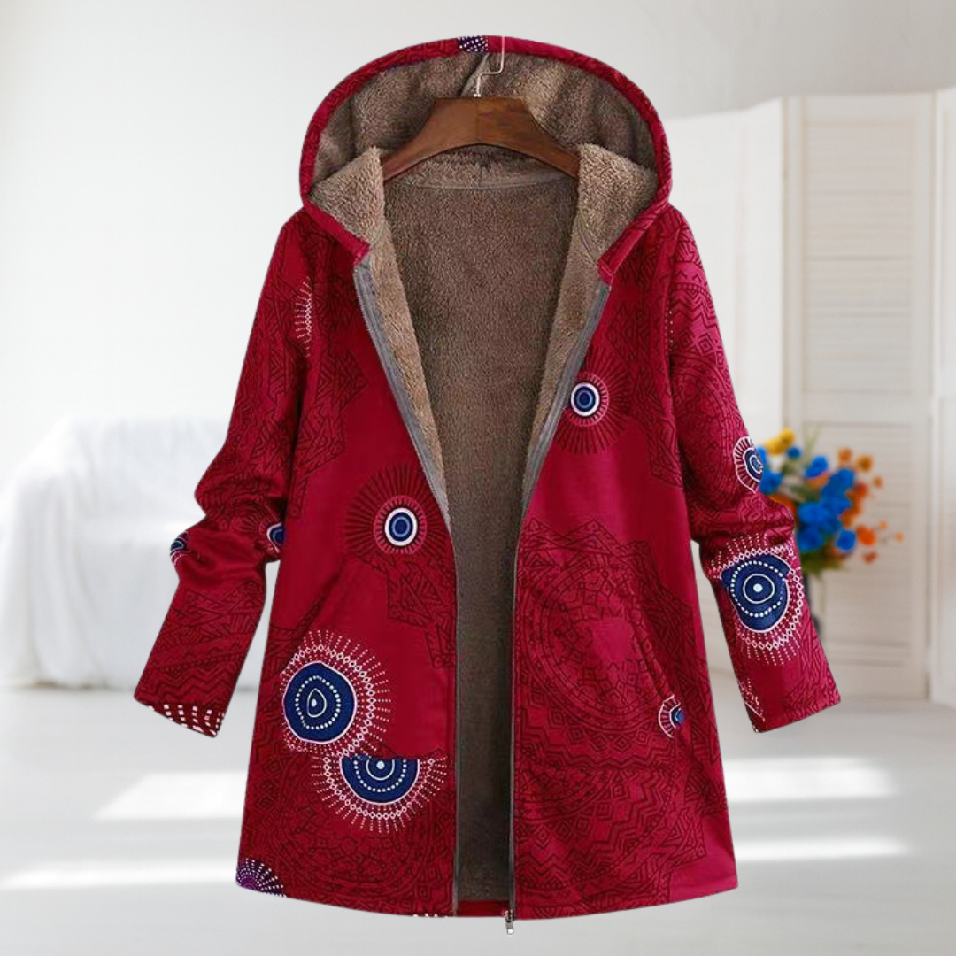 Ailbhe - Red Boho Print Fleece-Lined Coat
