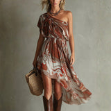 Caoimhe - Boho One-shoulder Irregular Marble Abstract Print Midi Dress