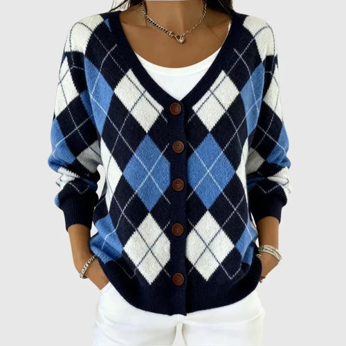 Ríona - Navy Argyle Button-Front Cardigan