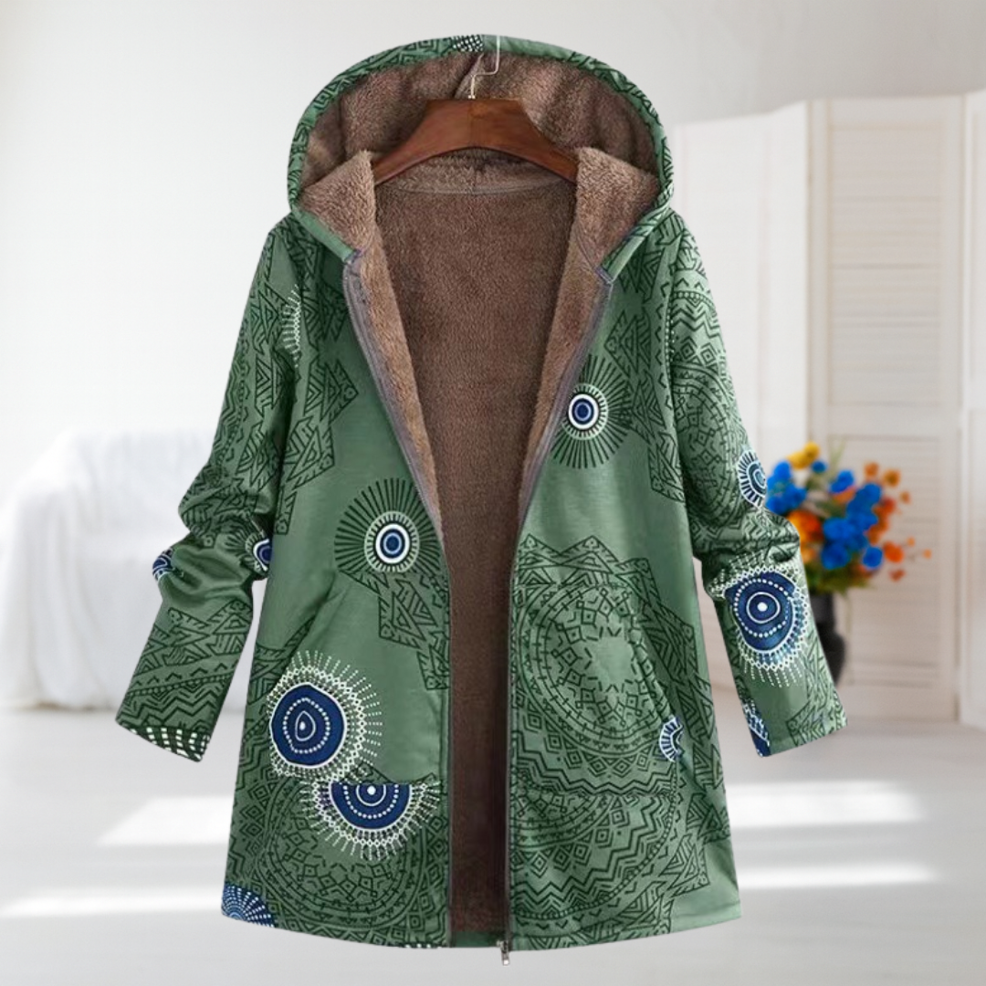 Muirne - Green Boho Print Fleece-Lined Coat