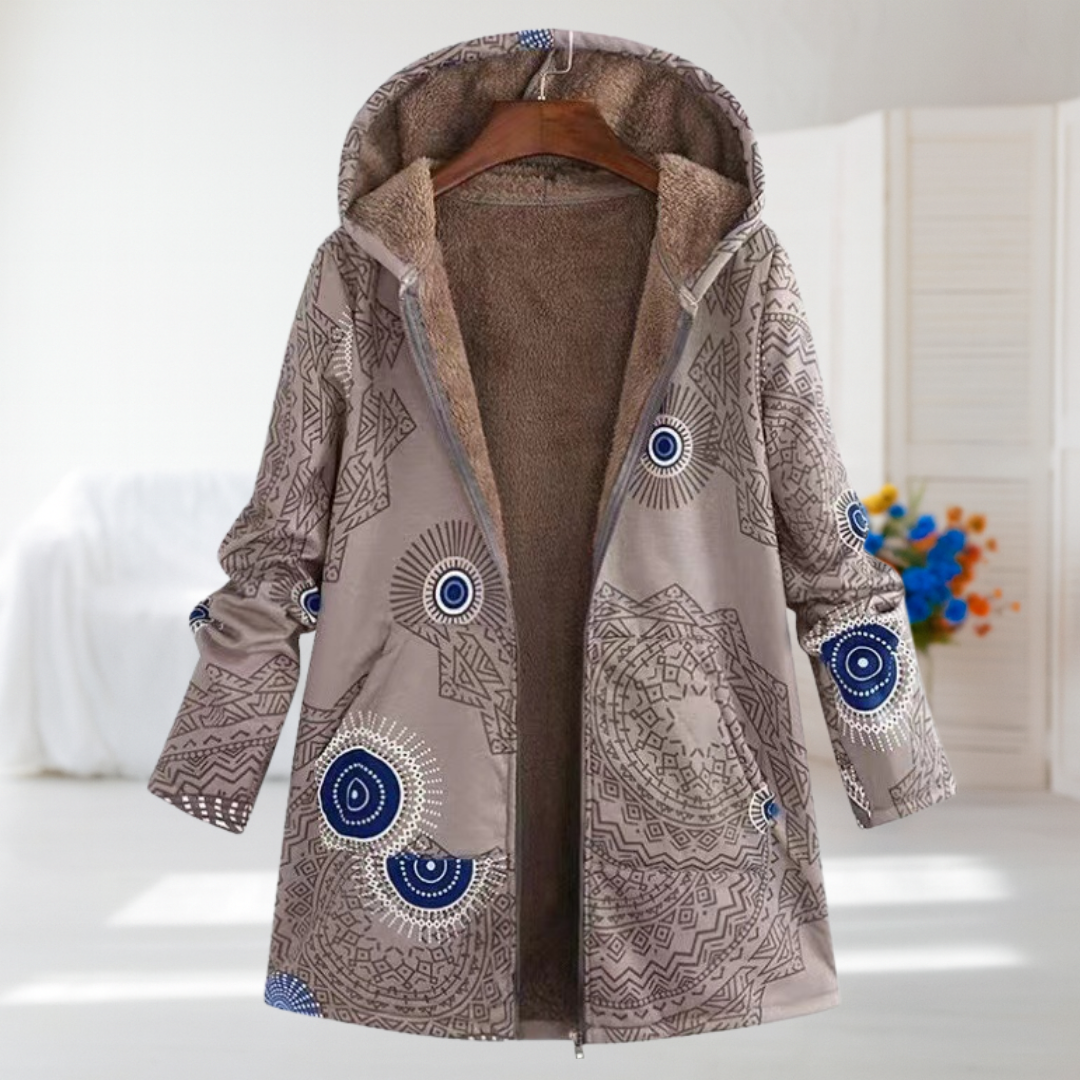 Ríoghnach - Taupe Mandala Print Fleece-Lined Coat
