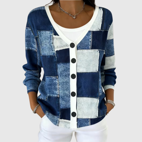 Croía - Denim Patchwork Button-Front Cardigan