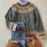 Clíodhna - Stone Grey Vintage Jumper with Fair Isle Yoke