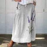 Doireann - Watercolour Lavender Floral Printed Linen Elastic waistband Pocket Skirt