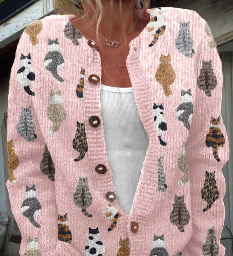 Orlagh - Cozy Cat Print Button Cardigan