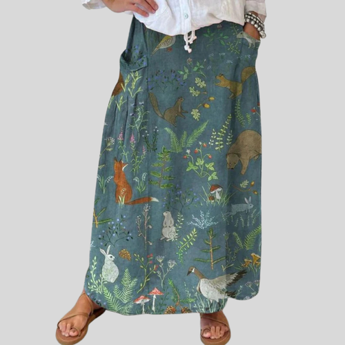 Síofra - Retro Floral Animals Art Casual Linen Pocket Skirt