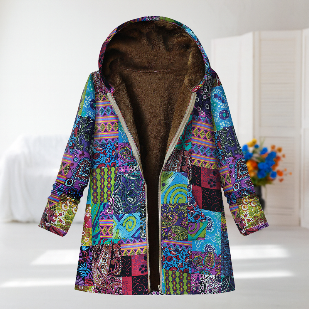 Áine - Multicoloured Patchwork Print Fleece-Lined Coat