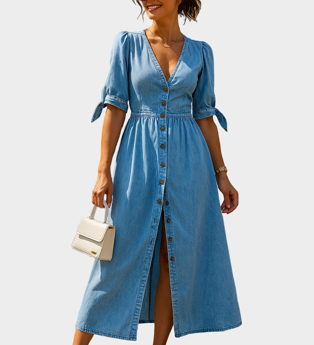 Keeva - Denim Maxi Dress with Buttons