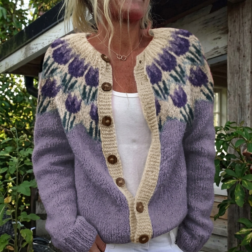 Síofra - Purple Flower Print Button Cardigan