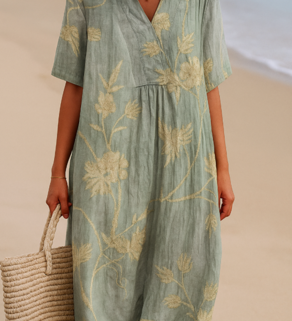Honora - Blue-Grey Dress with Floral Embroidery