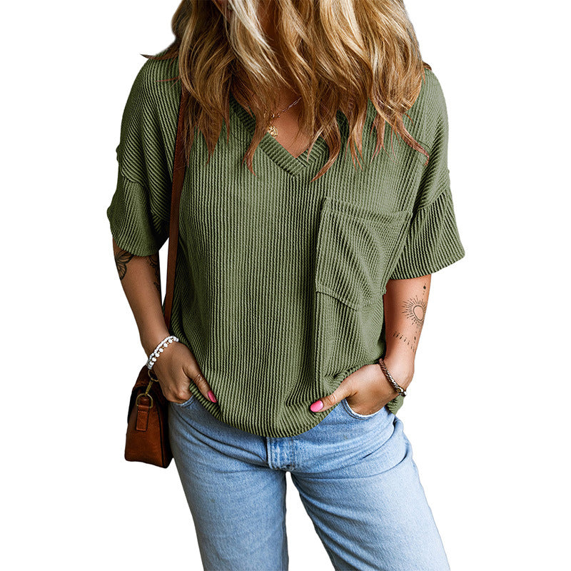 Treasa - Casual Textured Pocket V-Neck Tee