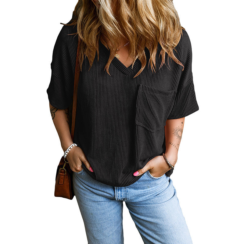 Treasa - Casual Textured Pocket V-Neck Tee