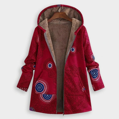 Ailbhe - Red Boho Print Fleece-Lined Coat