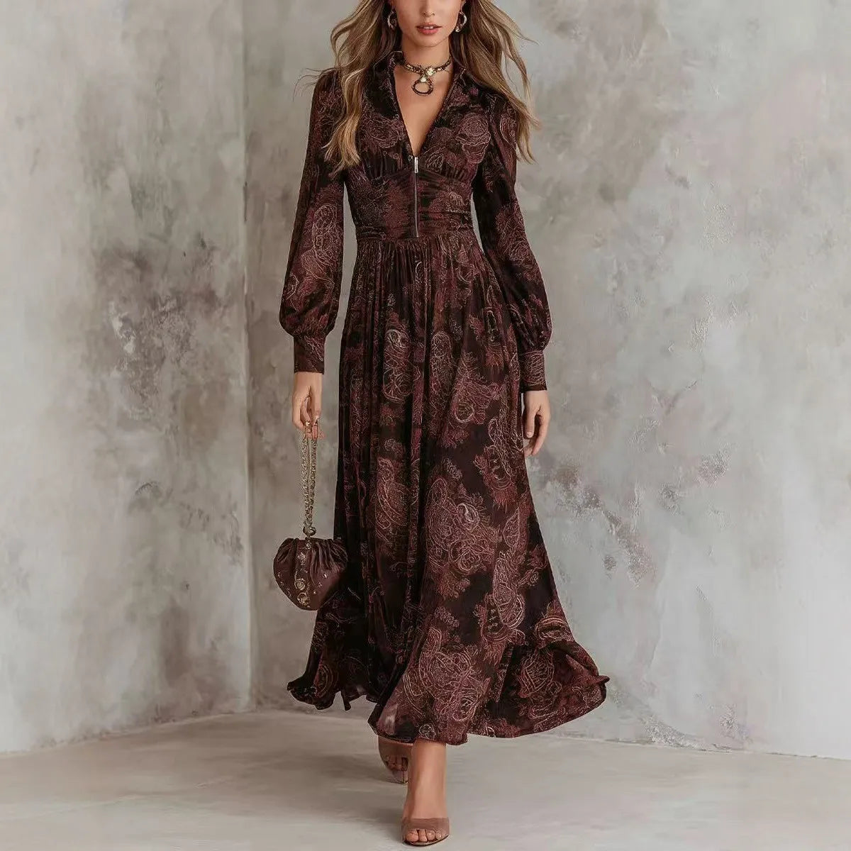 Bronagh - Elegant Print Long Sleeve Maxi Dress