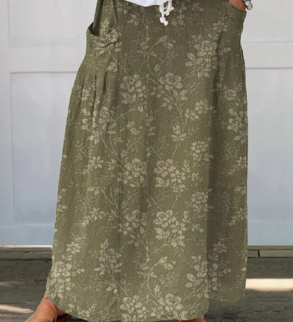 Ciara - Vintage Floral Linen Elastic waistband Pocket Skirt