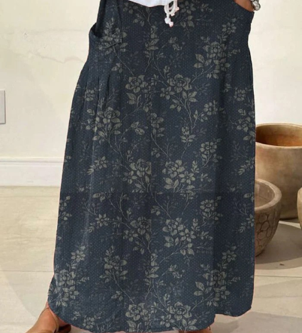 Ciara - Vintage Floral Linen Elastic waistband Pocket Skirt