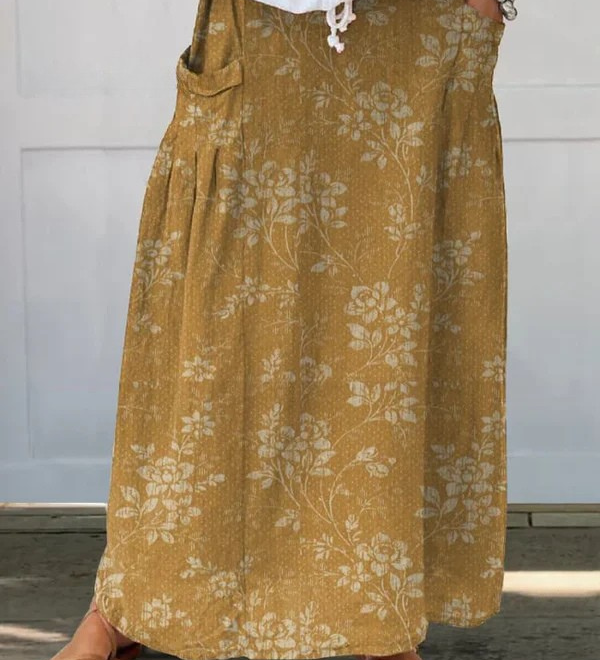Ciara - Vintage Floral Linen Elastic waistband Pocket Skirt