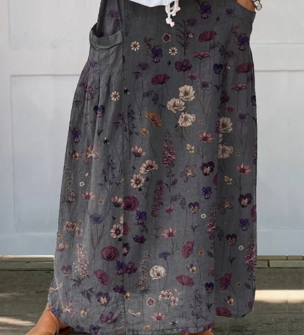 Ríona - Flower Art Print Linen Pocket Skirt