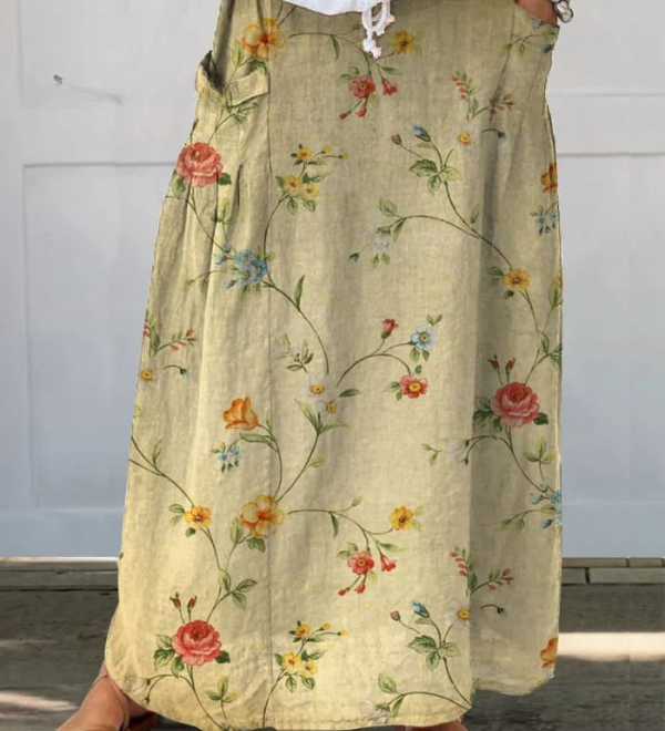 Orla - Retro Elegant Floral Art Linen Elastic waistband Pocket Skirt