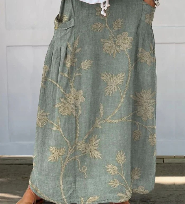 Orla - Retro Elegant Floral Art Linen Elastic waistband Pocket Skirt