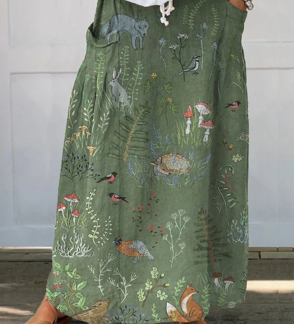 Aoibhín - Woodland And Animals Pattern Printed Linen Pocket Skirt