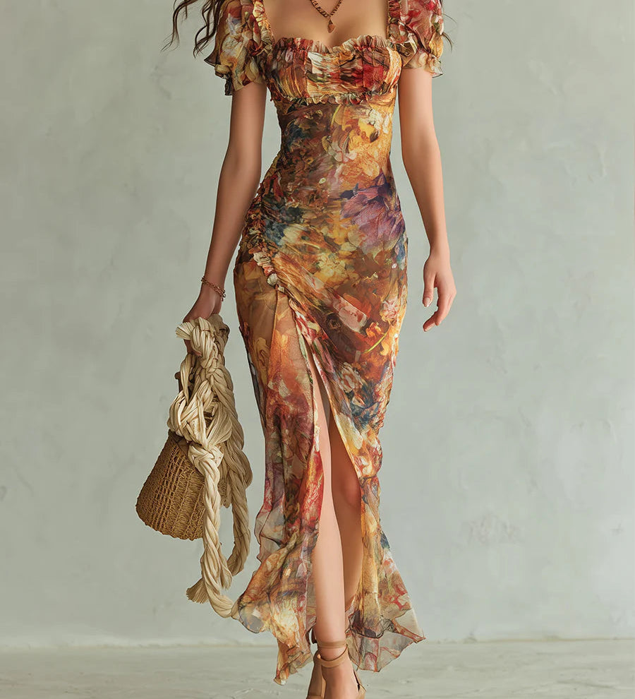 Aoibheann - Long orange dress with bohemian-style oil painting print