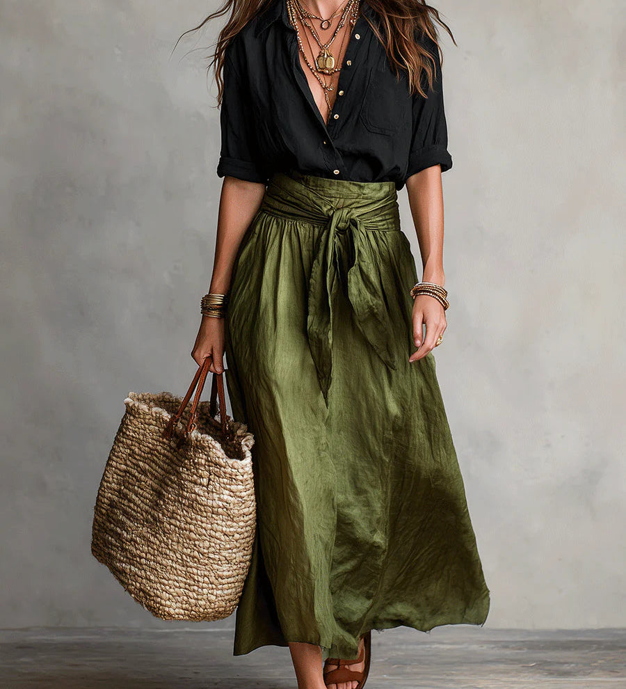 Sorcha - Two-Piece Set: Black T-Shirt and Olive Green Midi Skirt