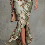 Dearbhla - Asymmetrical long dress in green with V-neck, flared puff sleeves, and floral pattern