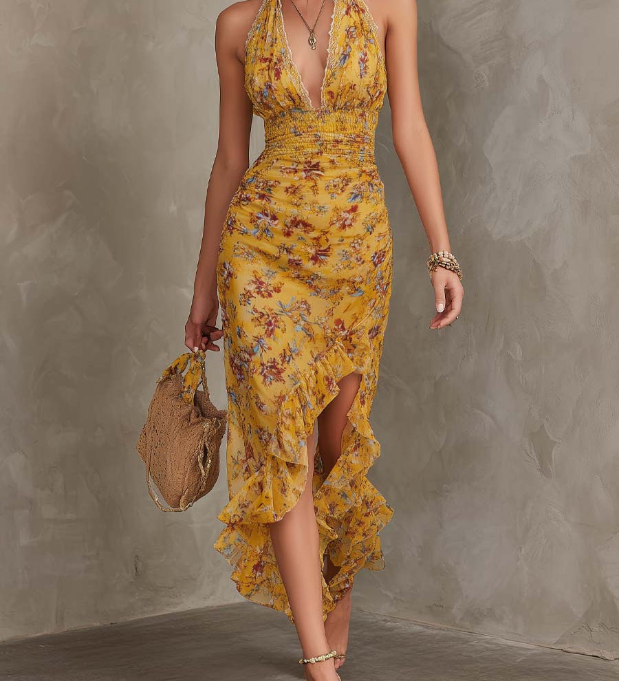 Orla - Ginger Yellow Floral Halter Neck Fitted Waist Midi Dress