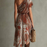 Caoimhe - Boho One-shoulder Irregular Marble Abstract Print Midi Dress
