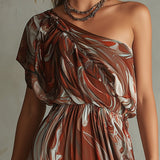 Caoimhe - Boho One-shoulder Irregular Marble Abstract Print Midi Dress