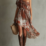 Caoimhe - Boho One-shoulder Irregular Marble Abstract Print Midi Dress